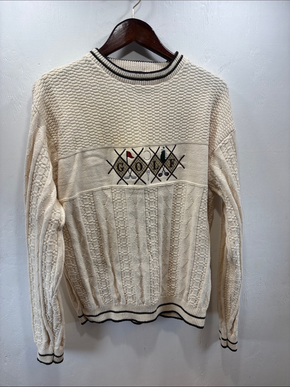VTG Haggar Tour Embroidered Golf Sweater Cable Knit Cream Mens Size Large | LRG